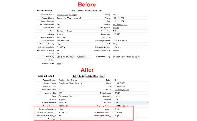 Before and after comparison of API Field Name Chrome plugin