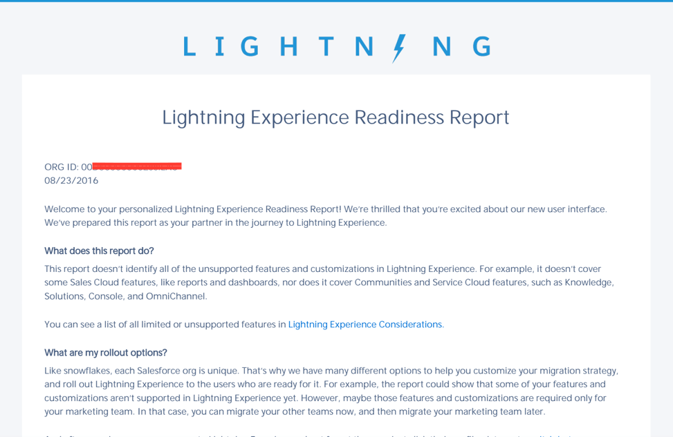 Lightning Experience Readiness Report